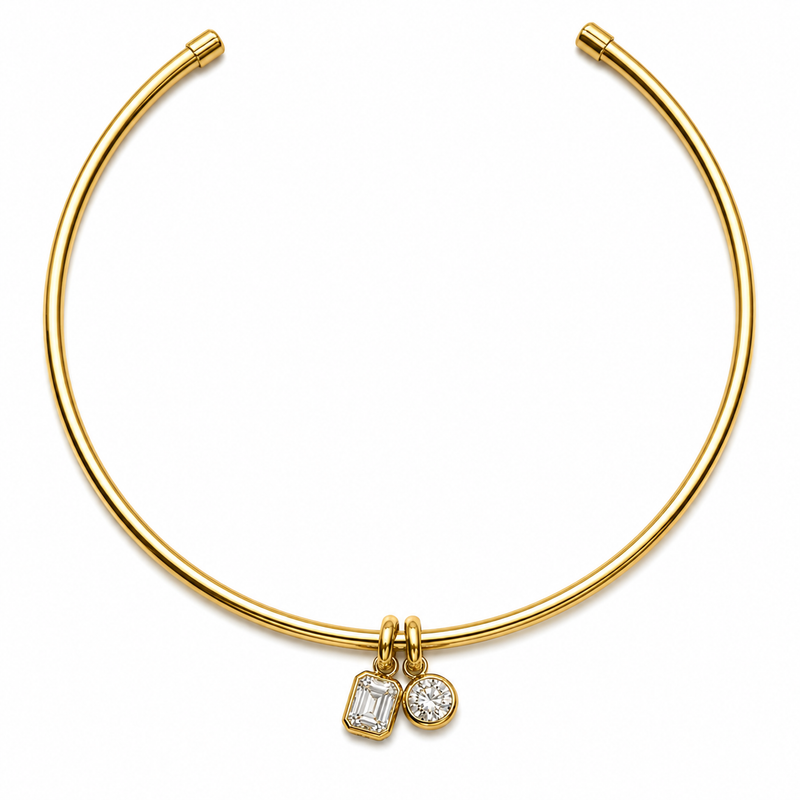 RC Gold Cuff with Oval and Emerald cut Charms