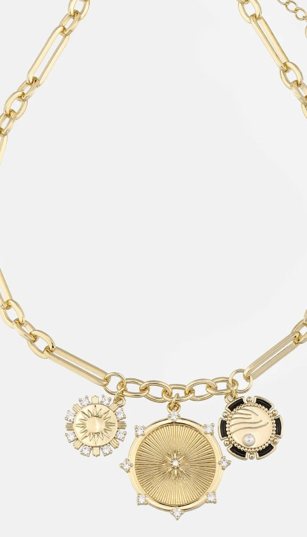 Wheel Medallion & Sun Charm Coin Necklace